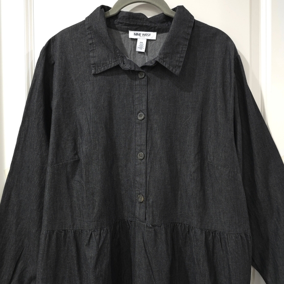 NINE WEST Classic Black Denim Fit And Flare Button-Up Long Sleeve Dress, XXL - Picture 3 of 15